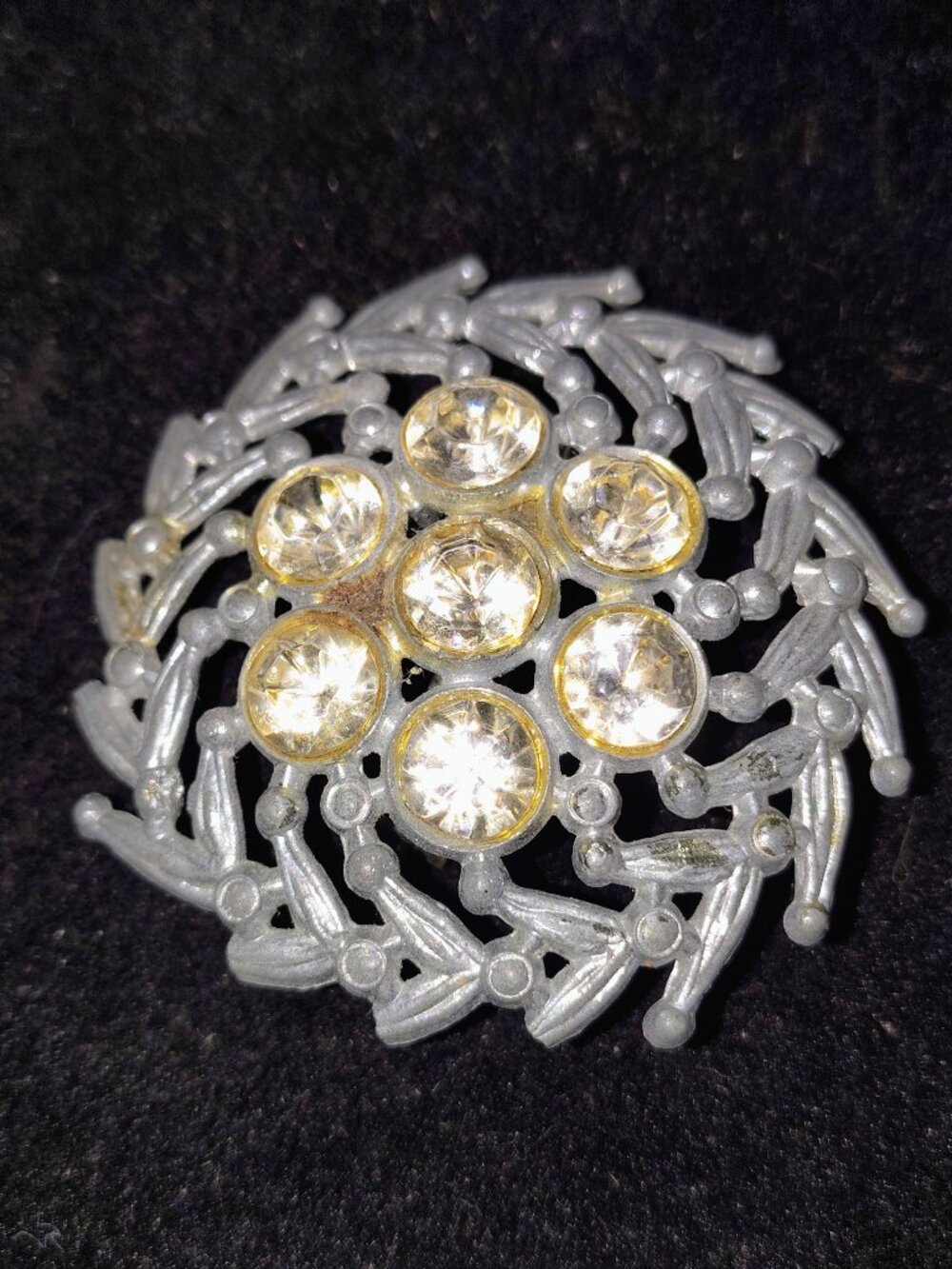 Vintage 1950s–60s Silver‑Tone Pinwheel Brooch – Crystal Rosette Center